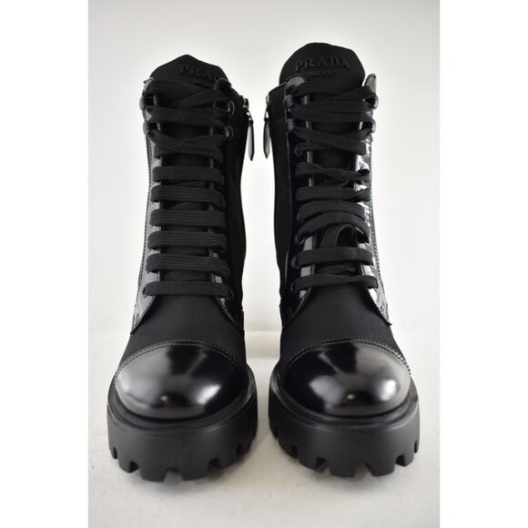 Prada 55MM Logo Lug Sole Platform Black Re-Nylon Leather Ankle Heel Boot 37.5 - Picture 6 of 15